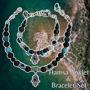 NEW Handmade Hamsa Evil Eye Lava Stone, Silver, Turquoise Bracelet & Anklet Set